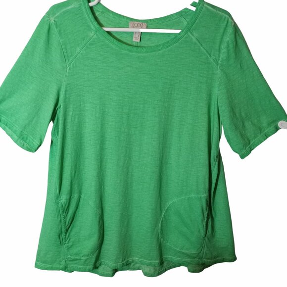 Lori Goldstein LOGO Womens Green Short Sleeve Top L Pockets Distressed Elbow - Picture 1 of 15